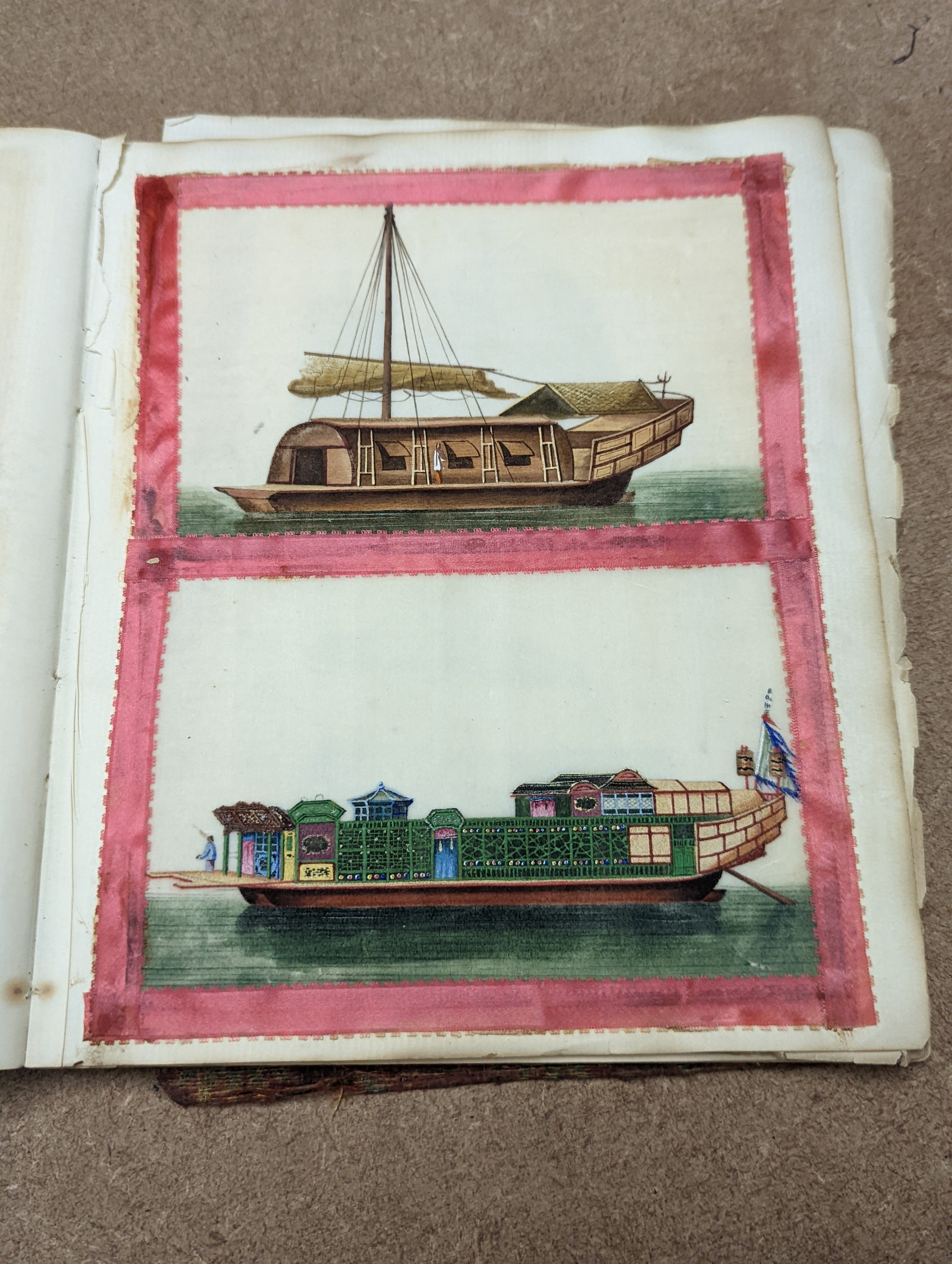 Three albums of assorted 19th century Chinese pith paintings of trades, mandarin figures and boats